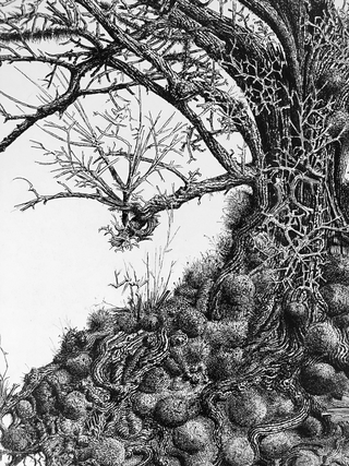 Zeno Filippini, My tree is your tree (dettaglio), 2018, china al tratto, inchiostro UV e acrilico su pannello multistrato, 160 cm x 115 cm